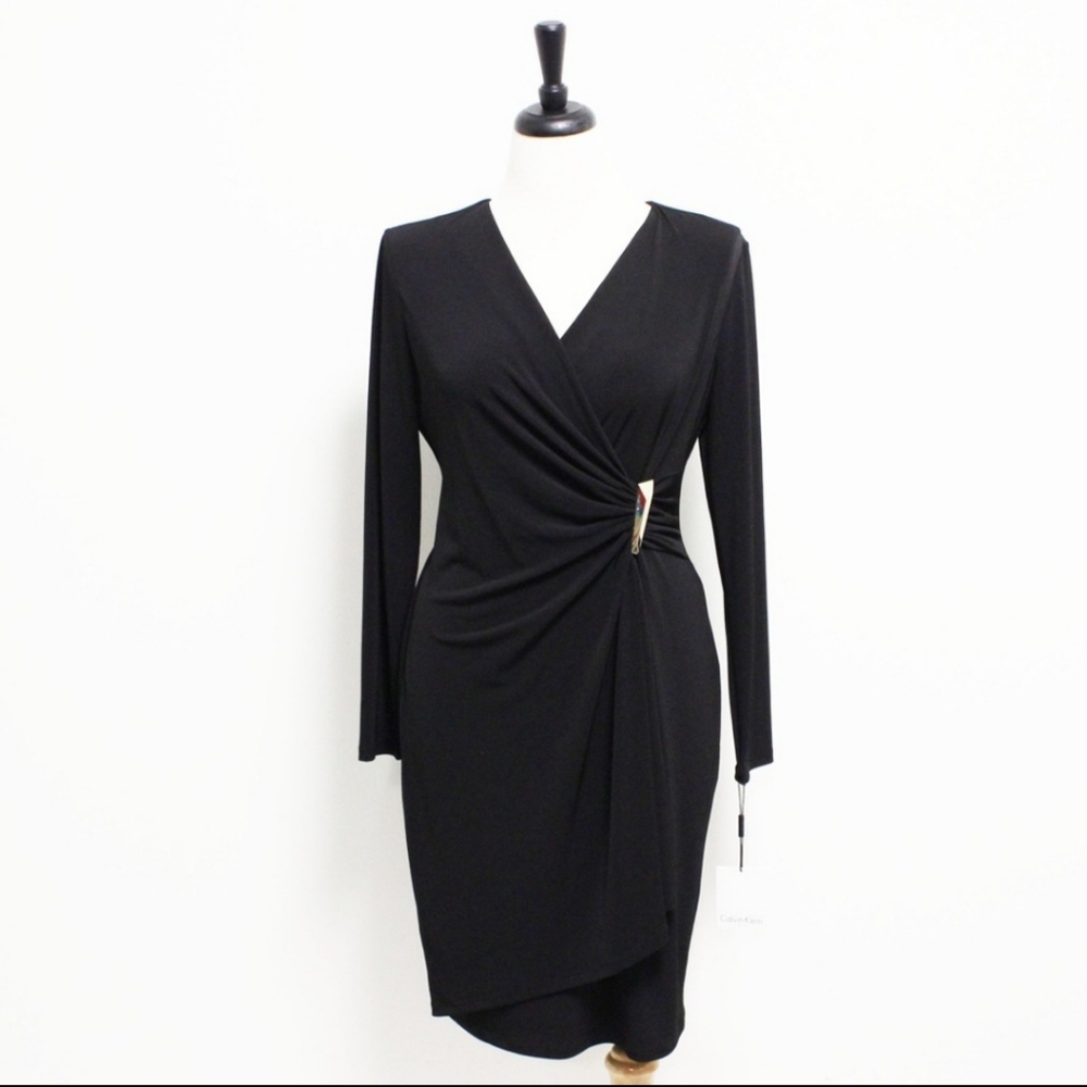 NWT Calvin Klein Black Faux Wrap V Neck Cinched